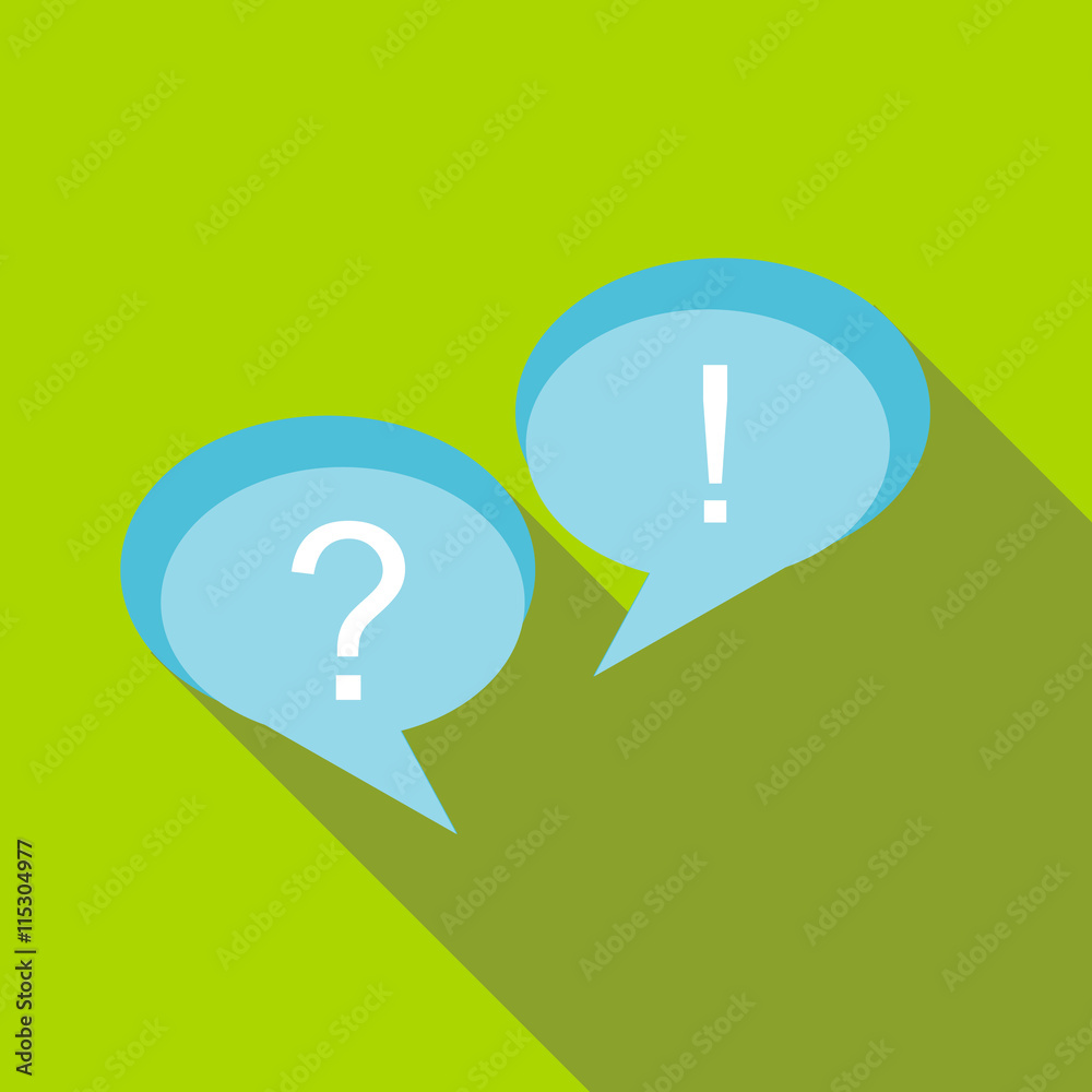 Poster speech bubbles with question and exclamation marks icon in flat style on a green background