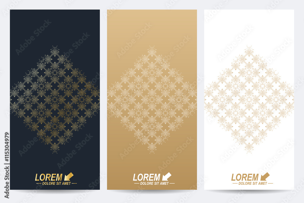 Aufkleber Modern set of vector flyers. Geometric abstract presentation with golden mandala. Molecule and communication background for medicine, science, technology, chemistry.