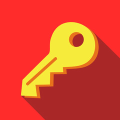 Yellow key icon in flat style on a red background