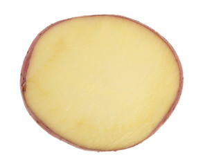 Single slice of red potato on a white background.