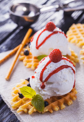 Vanilla Ice Cream with Mint and waffles. Homemade Organic product. On the wooden table.