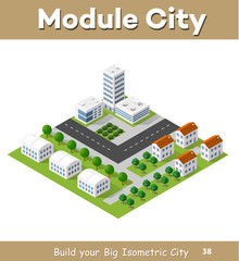 Flat isometric map, landscape city, building skyscraper, picture of the nature, parks, cafe, landmarks. Vector 3d top view block dormitory area