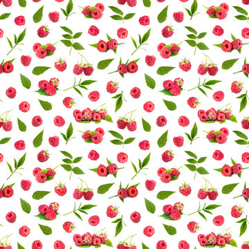 Seamless pattern background with fresh raspberry and leaves