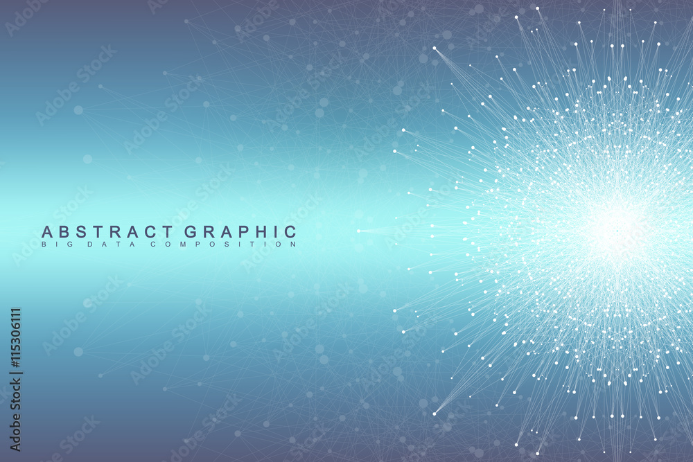 Poster Geometric background molecule and communication. Social network information. Connected line with dots. Big data composition. Perspective visualization, radial graphics. Vector illustration