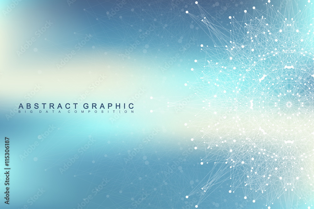 Poster Geometric background molecule and communication. Social network information. Connected line with dots. Big data composition. Perspective visualization, radial graphics. Vector illustration.