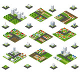 A large kit of 3D metropolis of skyscrapers, houses, gardens and streets in a three-dimensional isometric view
