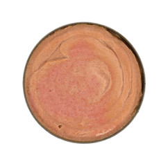 Opened can of chicken bologna top view isolated on a white background.