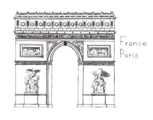 Watercolor Hand drawn architecture sketch of Arc de Triomphe - Triumphal Arch - Paris France with lettering France Paris isolated on white