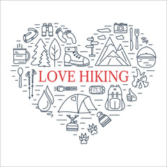 Outdoor line icons in the shape of heart. Hiking and camping love concept. Summer tourism items. Travel gear outline symbols with open paths.