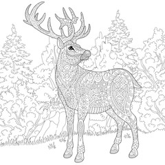 Fototapeta premium Zentangle stylized cartoon deer (stag, christmas reindeer). Hand drawn sketch for adult antistress coloring book page, T-shirt emblem, logo or tattoo with doodle, zentangle and floral design elements.