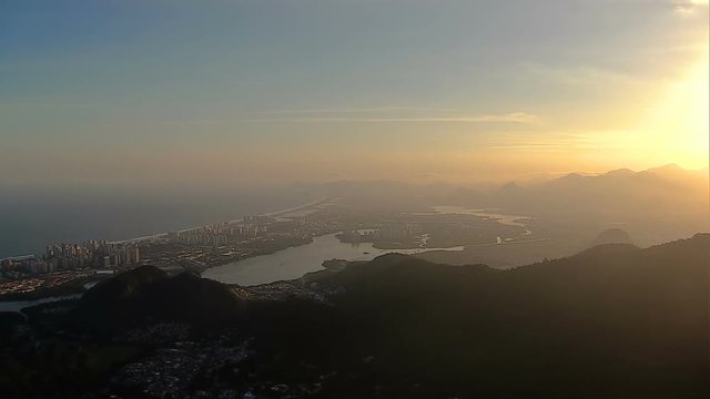 Flying above Bara da Tijuca at sunset, Rio De Janeiro, Brazil
