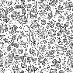 Cartoon hand-drawn space, planets seamless pattern