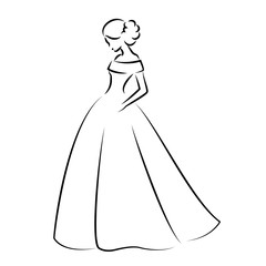 Sketch of an elegant bride in white wedding dress. Abstract hand