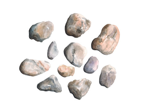 Watercolor hand drawn illustration composition of sea stones isolated on white