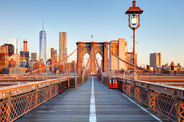 New York City Brooklyn Bridge in Manhattan closeup with skyscrap