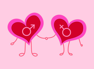 Vector illustration with hearts of female and male signs holding hands