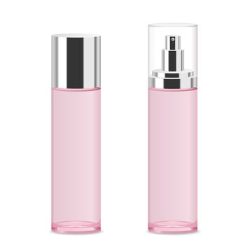 Two transparent cosmetic bottles