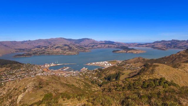 Lyttelton Harbour or Whakaraupo in Christchurch, New Zealand. View From Christchurch Gondola, Time Lapse Wide Angle View Pan Left