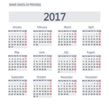2017 Calendar template.  Business format. Week starts on Monday 