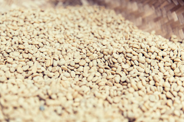 close up of unroasted coffee beans in basket