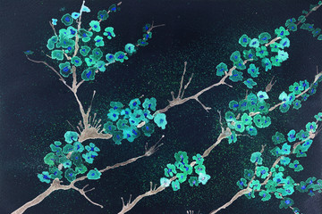 Fototapeta premium Fantasy of turquoise luminescent blossoms against a nightly sky. The dabbing technique gives a soft focus effect due to the altered surface roughness of the paper.