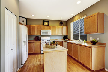 Kitchen interior with brown cabinets, hardwood floor