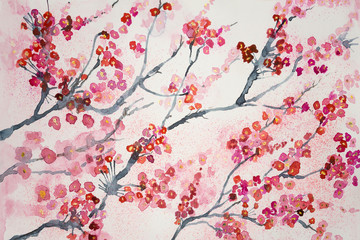 Branches of cherry blossoms. The dabbing technique gives a soft focus effect due to the altered surface roughness of the paper.