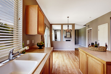 Kitchen interior with brown cabinets, hardwood floor