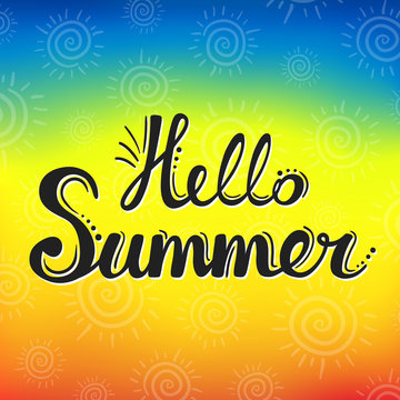 Lettering hello summer on the yellow background. Summer calligraphic design. Travel vacation, adventure, summer poster.