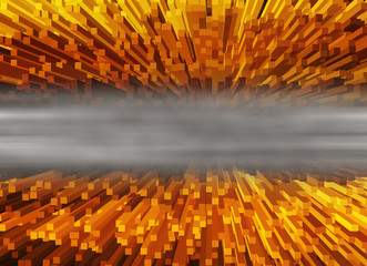 Horizontal vivid orange 3d extrude cubes abyss with white smoke 