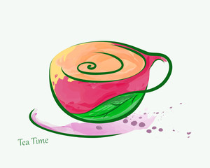 Tea Cup Vector. Lines forms an abstract tea cup colored with watercolor. Can be used as an corner element, part of menu, in advertisement, banner, poster etc.