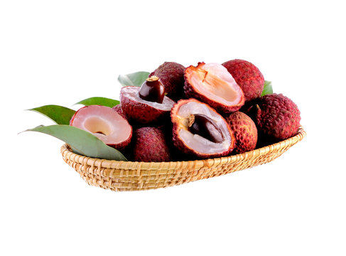 Lychees in the basket on white background