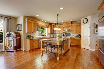Classic American kitchen inerior with brown cabinets and granite counter top