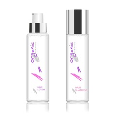 Two transparent cosmetic bottles