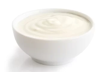 Foto auf Acrylglas Ceramic bowl of white yoghurt isolated on white background. © Moving Moment
