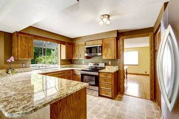 Kitchen interior with wooden cabinets and granite counter top
