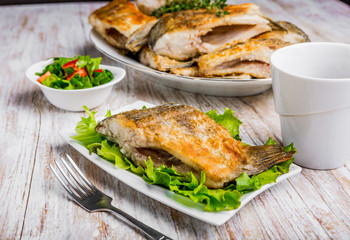 Fried fish with golden crust on a white plate