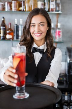 Beautiful waitress holding tray with cocktail glass
