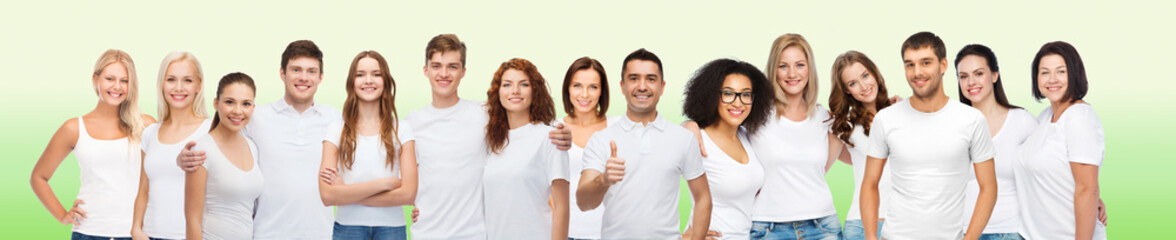 group of happy different people in white t-shirts
