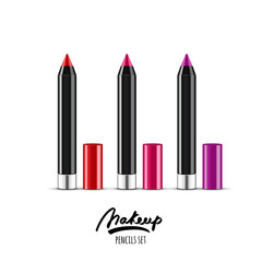 Vector realistic illustration of multicolor cosmetics pencils. Makeup icons set. Red and pink cosmetic pencils isolated on white background. Design concept for cosmetics label, visage and makeup.