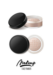Vector realistic illustration of face tonal powder. Makeup icons set. Top view and side view of face powder jar, isolated on white background. Design concept for cosmetics label, visage and makeup.