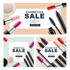 Set of sale banners with makeup cosmetics. Red lipstick, mascara, powder and cosmetic pencils. Vector horizontal and square banners. Design concept for makeup cosmetics  label, flyer, gift card. 
