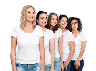 Fototapeta premium group of happy different women in white t-shirts