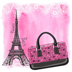 Fototapeta na wymiar Handbag,Eiffel Tower,Paisley,Watercolor splash