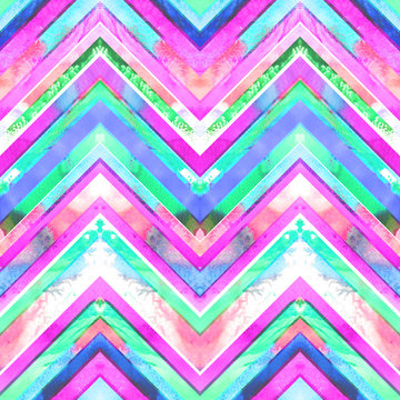 Seamless handmade geometric pattern. Zigzag stripes, fresh turquoise and fuchsia colors. Watercolor ethnic background.