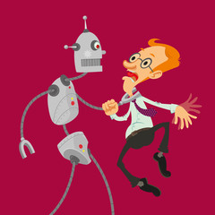 Aggressive robot attacked intelligent man with glasses, vector cartoon