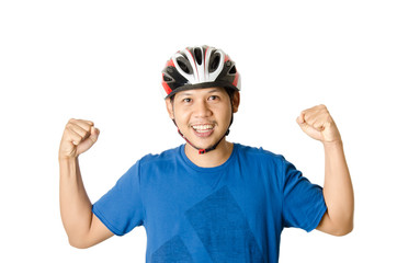 Strong man is wearing bike helmet ready to cycling,isolated on white background
