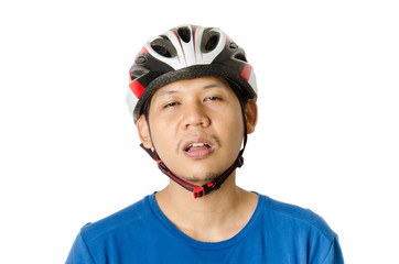 The man is wearing bike helmet and feeling tired to cycling,isolated on white background