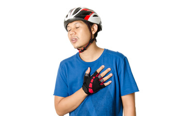 The man tired when cycling,isolated on white background