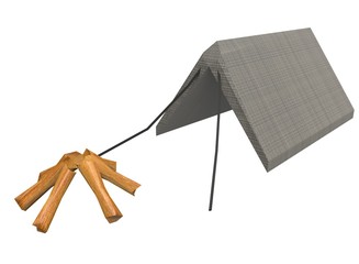 3d illustration of low poly camp tent with wood logs. icon for game web. white background isolated. 